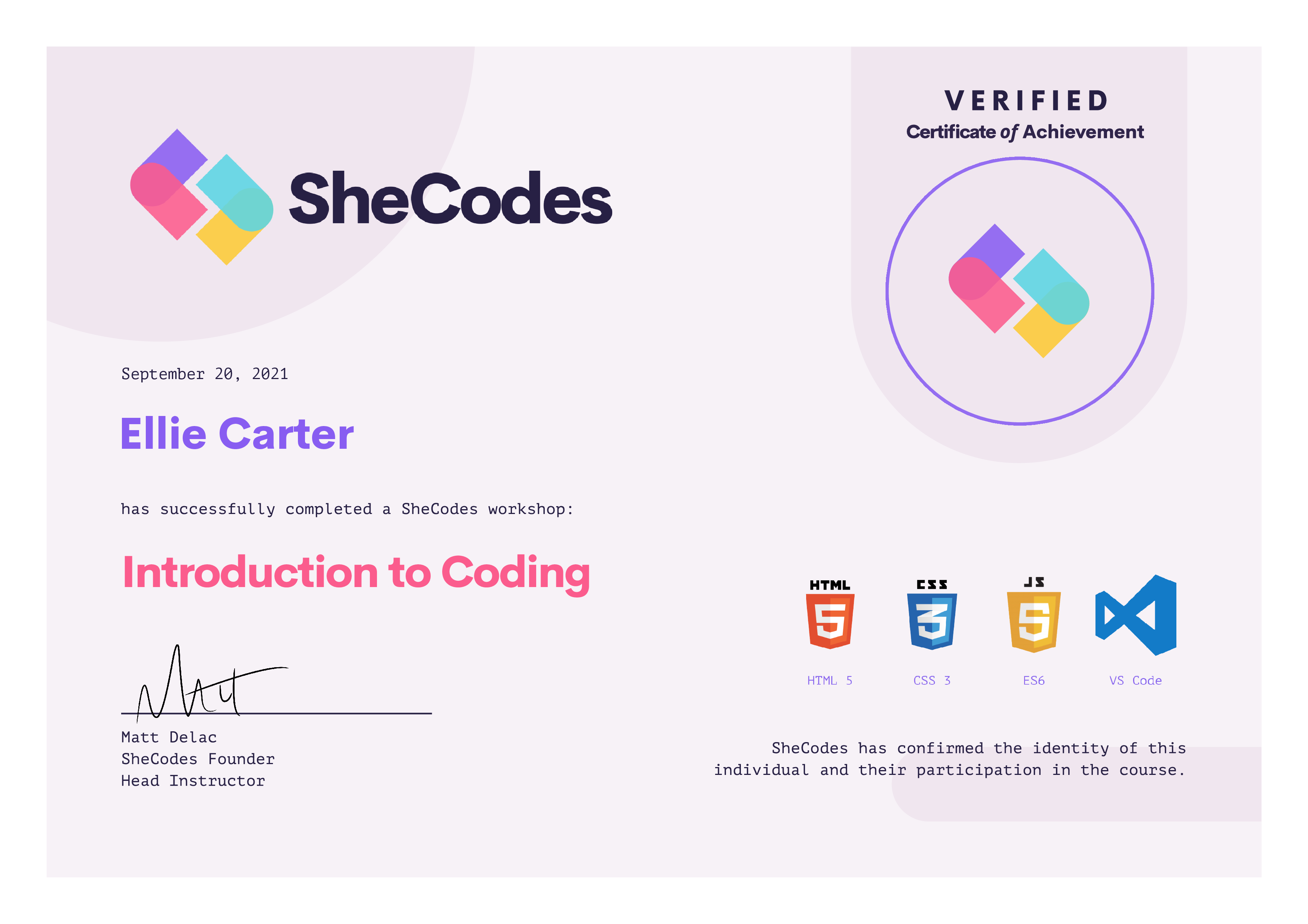 SheCodes Basics certificate