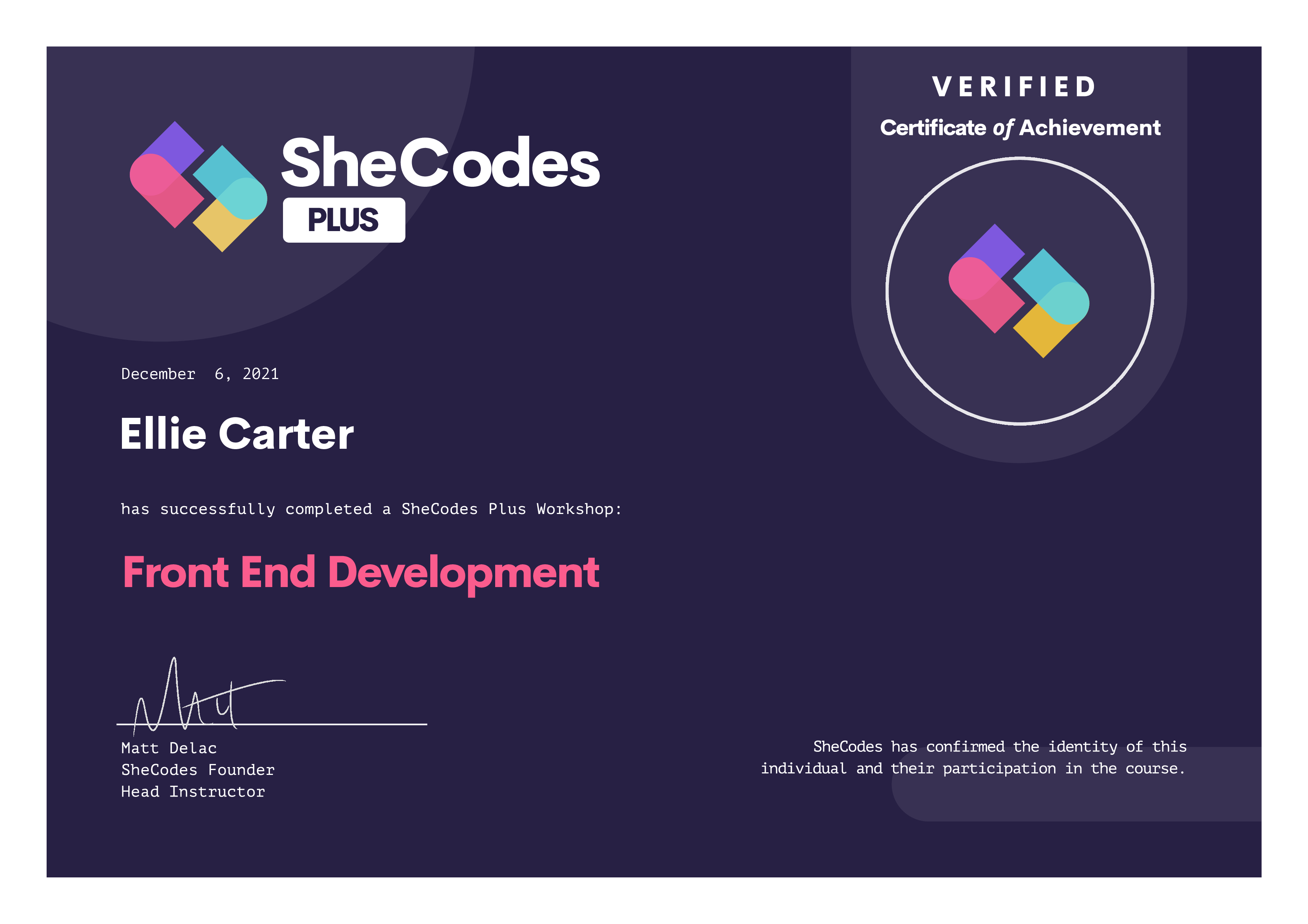 SheCodes Plus certificate