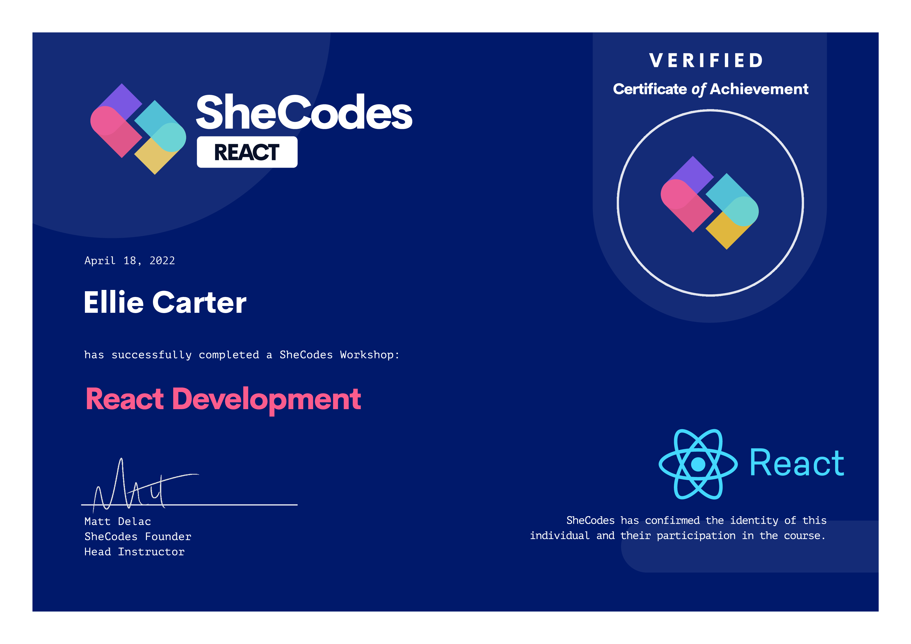 SheCodes React certificate