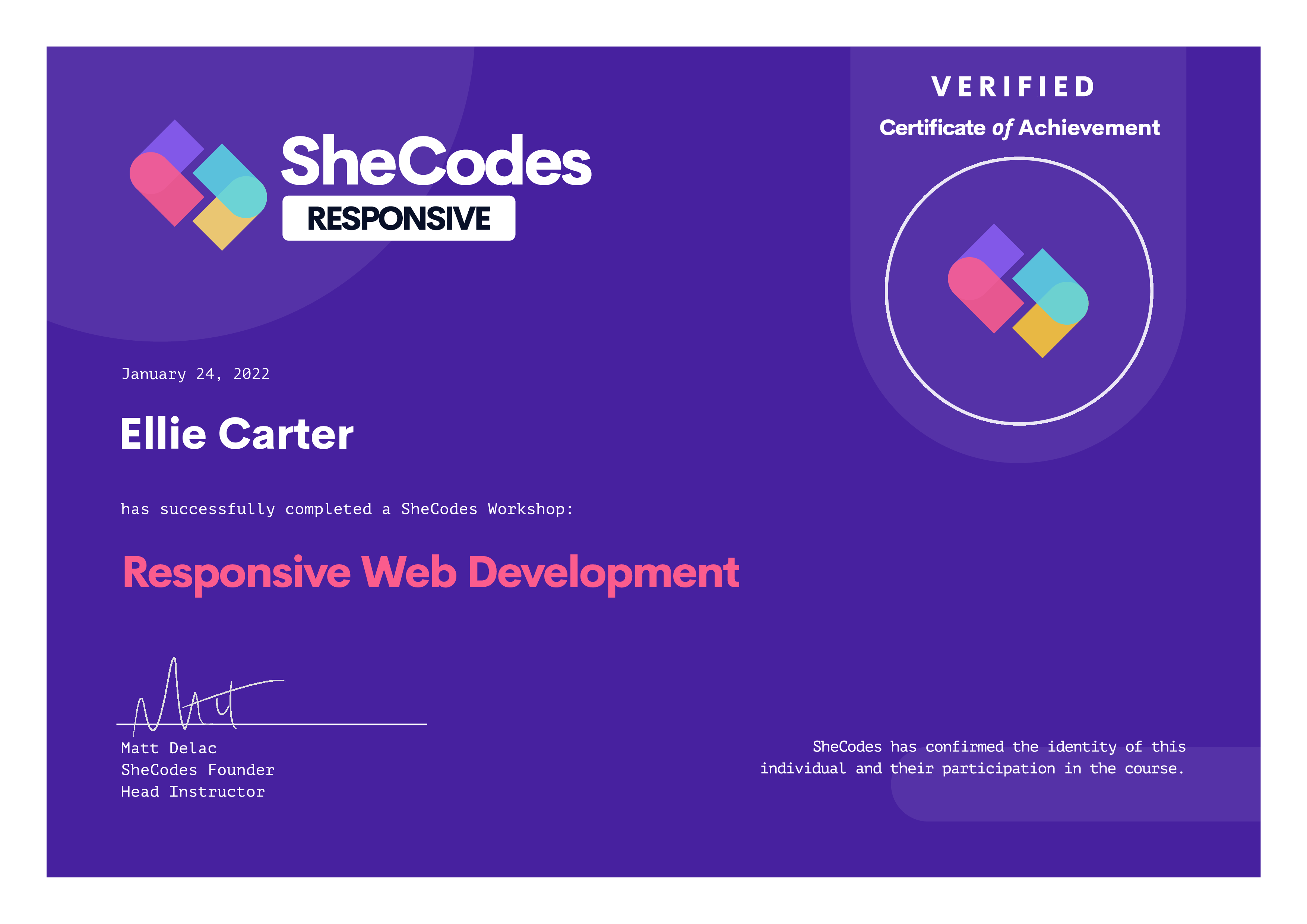 SheCodes Responsive certificate